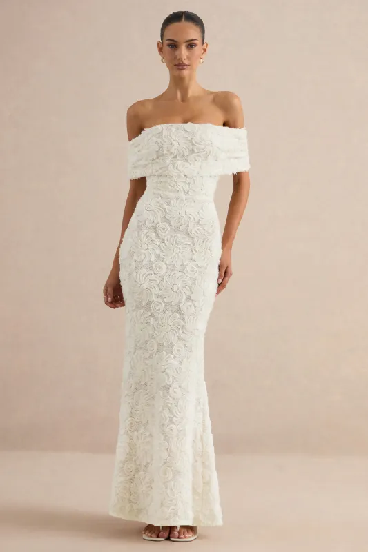 Xara | White Lace Bardot-Neck Maxi Dress made by Club L London