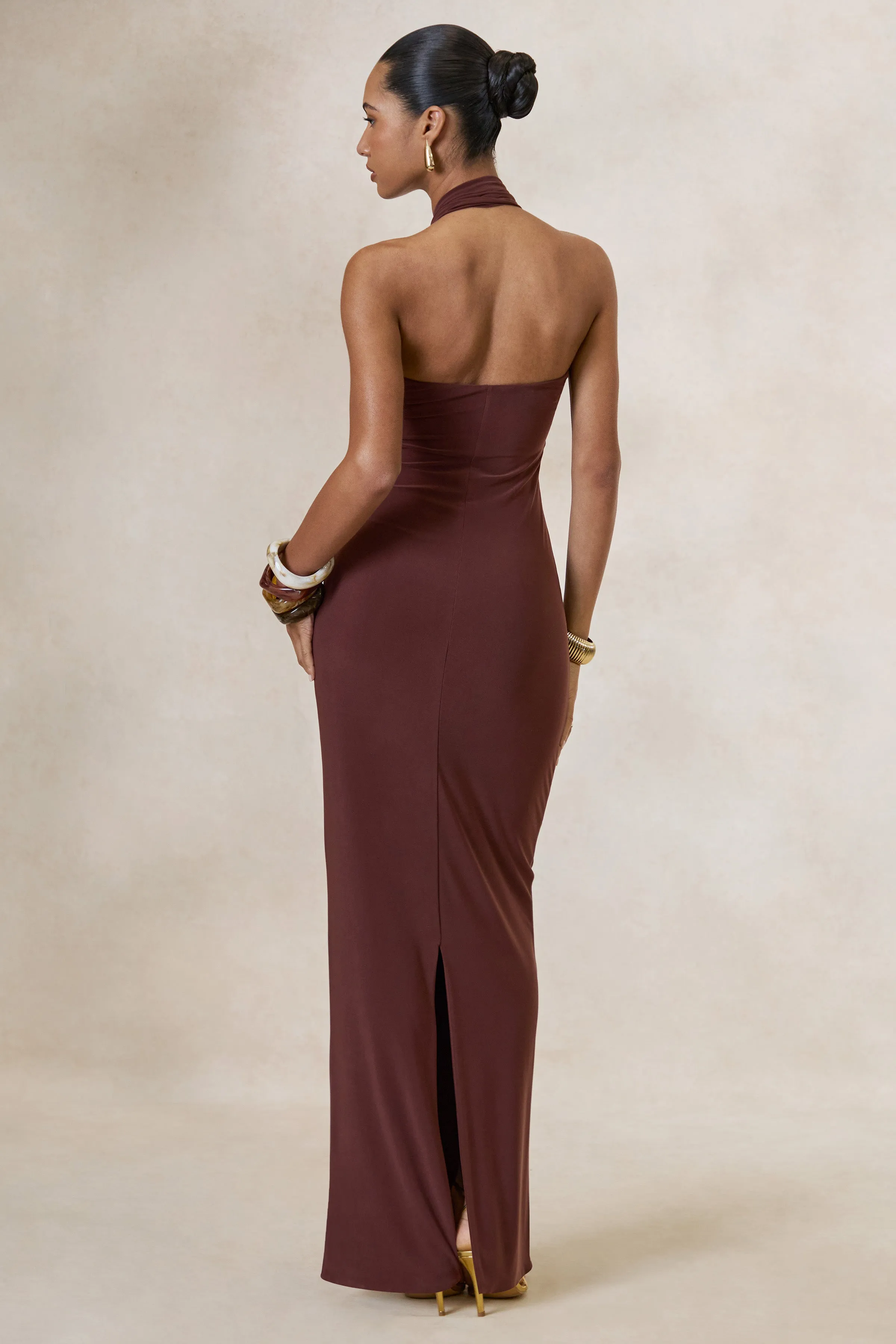 Delaina | Dark Brown Halter-Neck Maxi Dress With Gold Detail And Sash sold by Club L London product image thumbnail 3