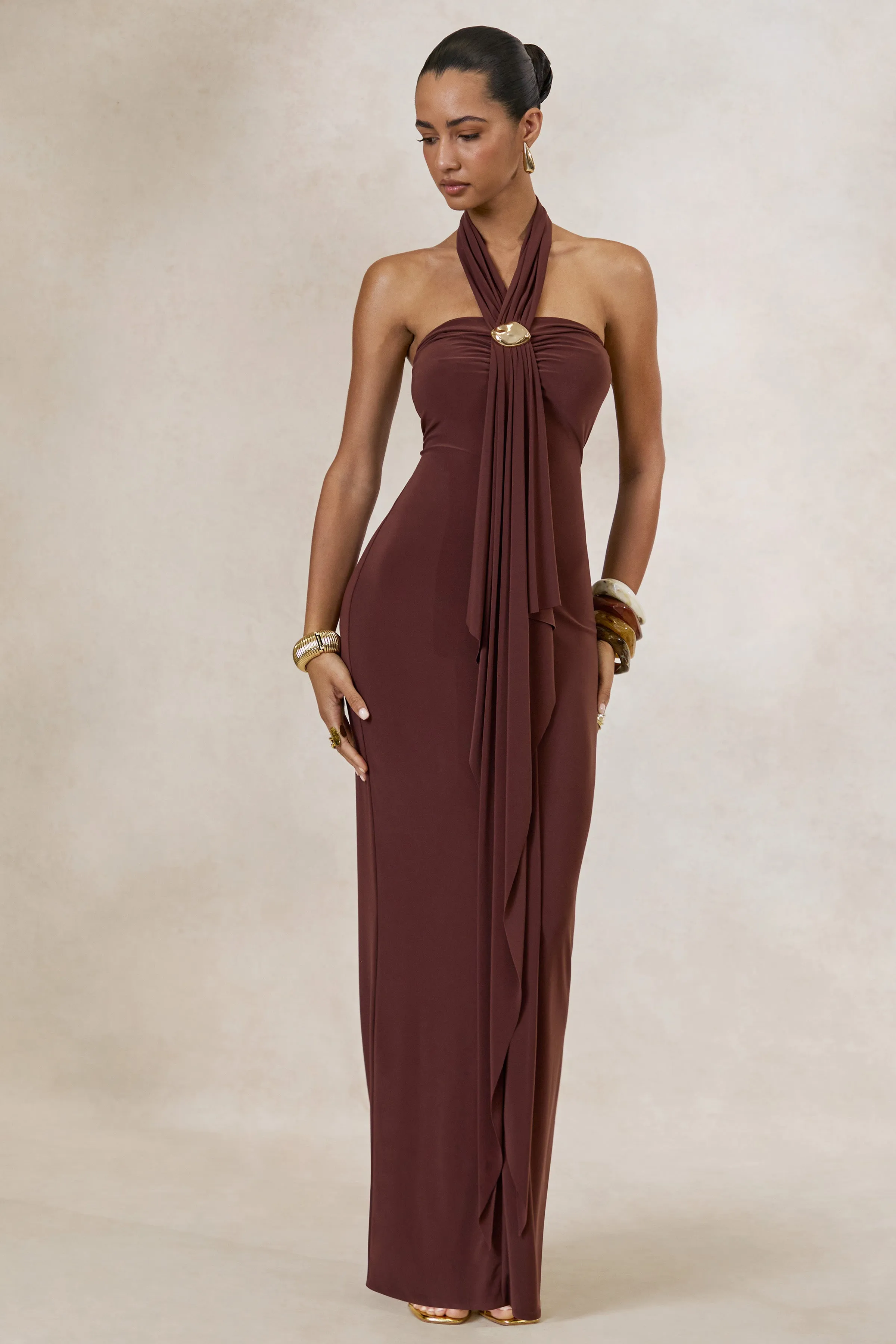 Delaina | Dark Brown Halter-Neck Maxi Dress With Gold Detail And Sash sold by Club L London product image thumbnail 5