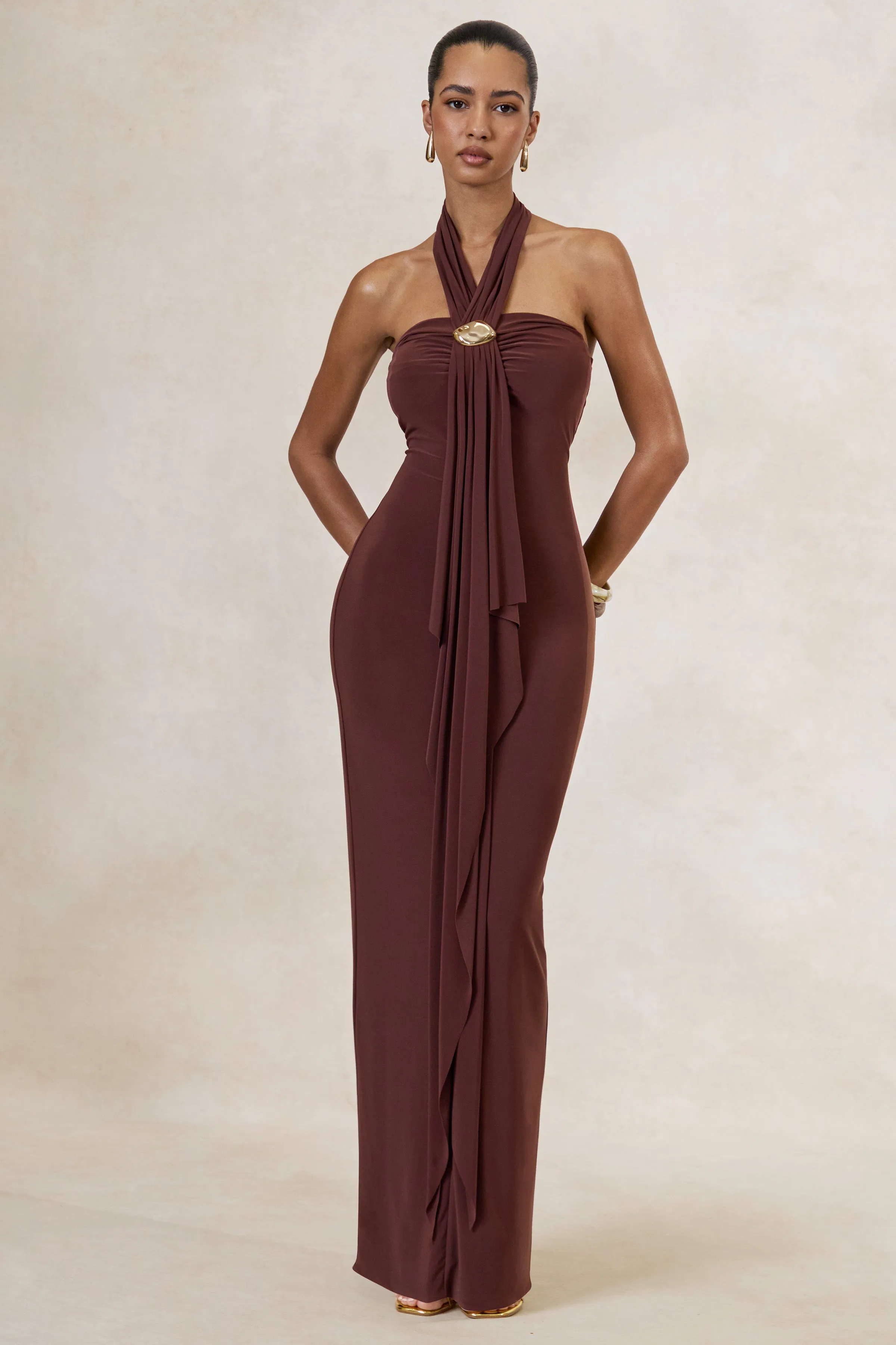 Delaina | Dark Brown Halter-Neck Maxi Dress With Gold Detail And Sash sold by Club L London product image thumbnail 2
