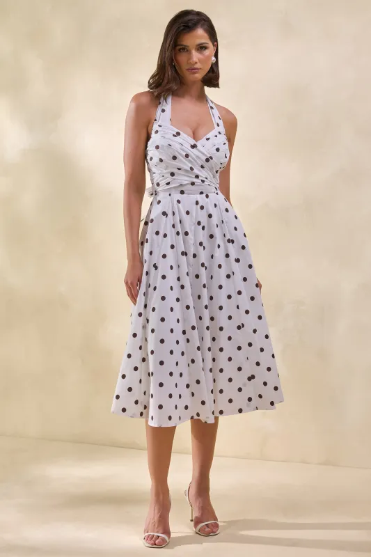 Franceline | Cream & Brown Polka-Dot Halter-Neck Midi-Dress made by Club L London