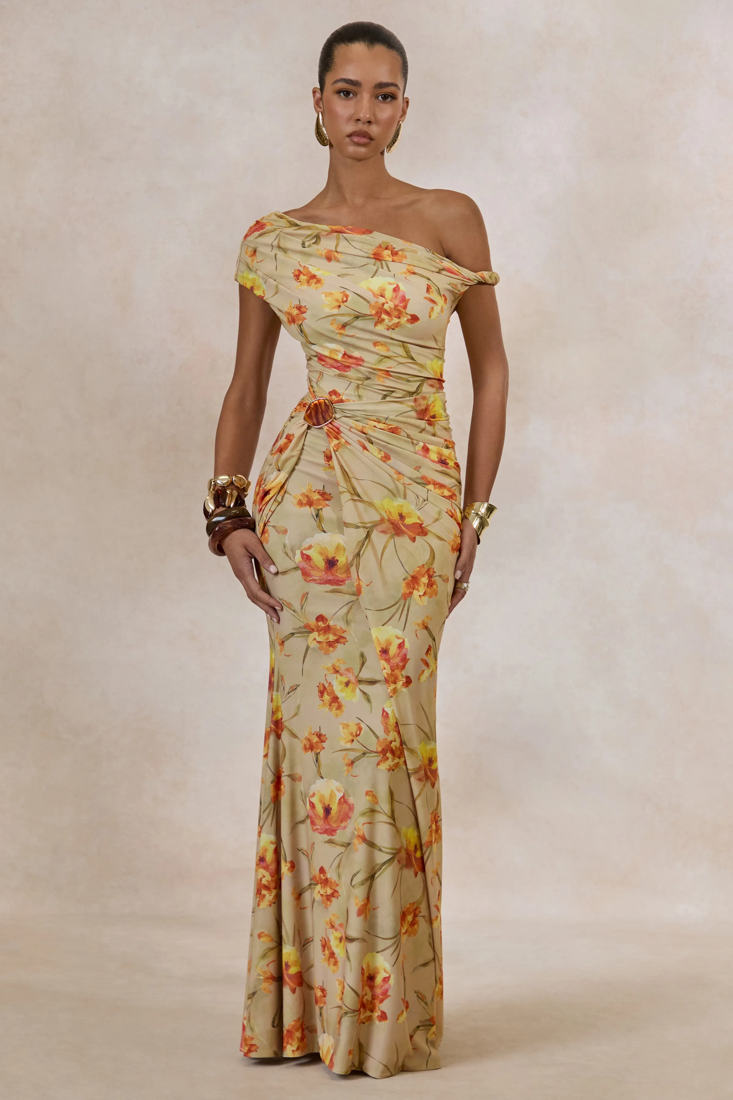 Asiya | Orange Floral Asymmetric-Neck Maxi Dress With Gathered Detailing sold by Club L London product image thumbnail 5