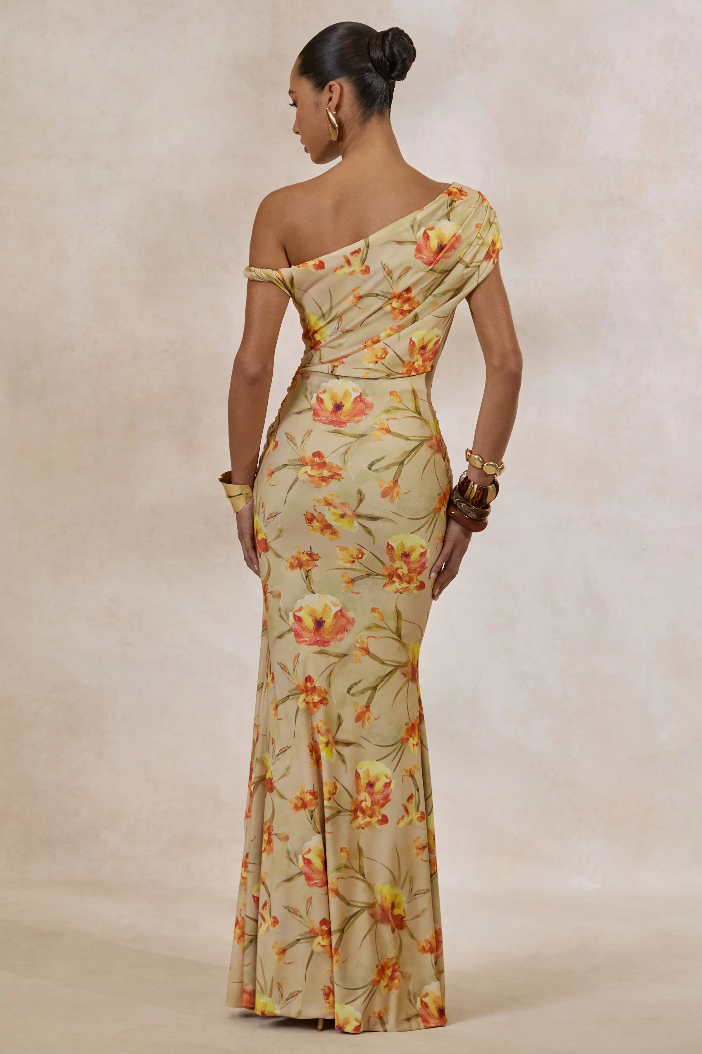 Asiya | Orange Floral Asymmetric-Neck Maxi Dress With Gathered Detailing sold by Club L London product image thumbnail 2