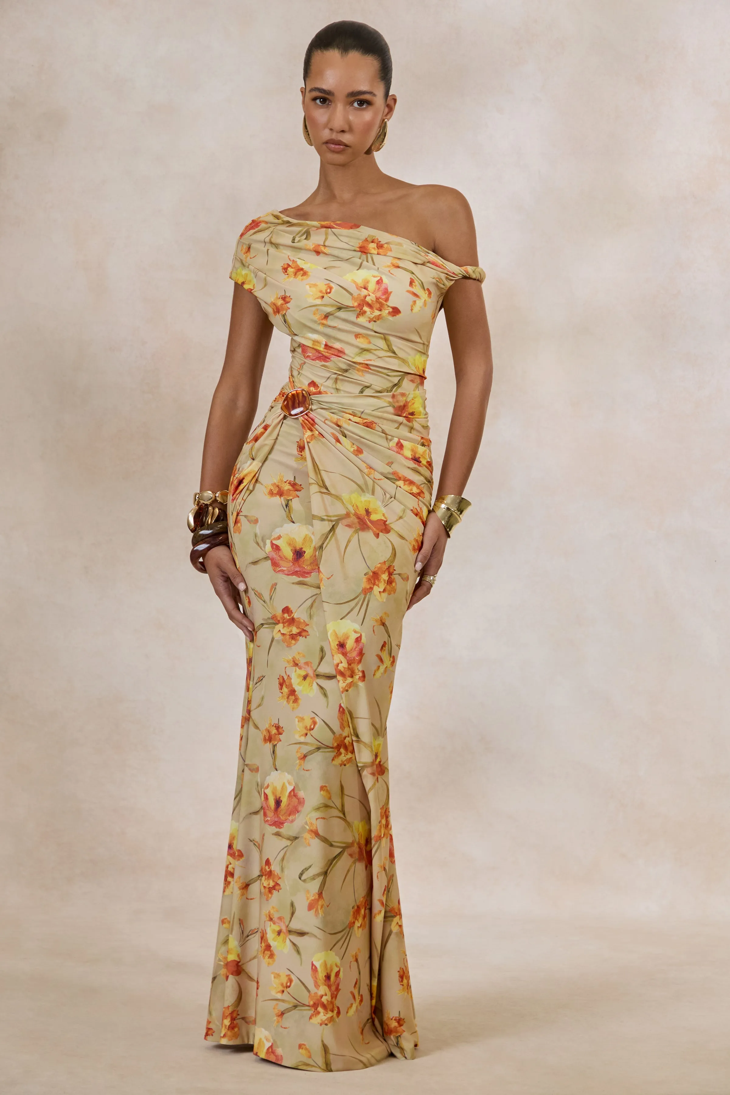 Asiya | Orange Floral Asymmetric-Neck Maxi Dress With Gathered Detailing sold by Club L London product image thumbnail 3