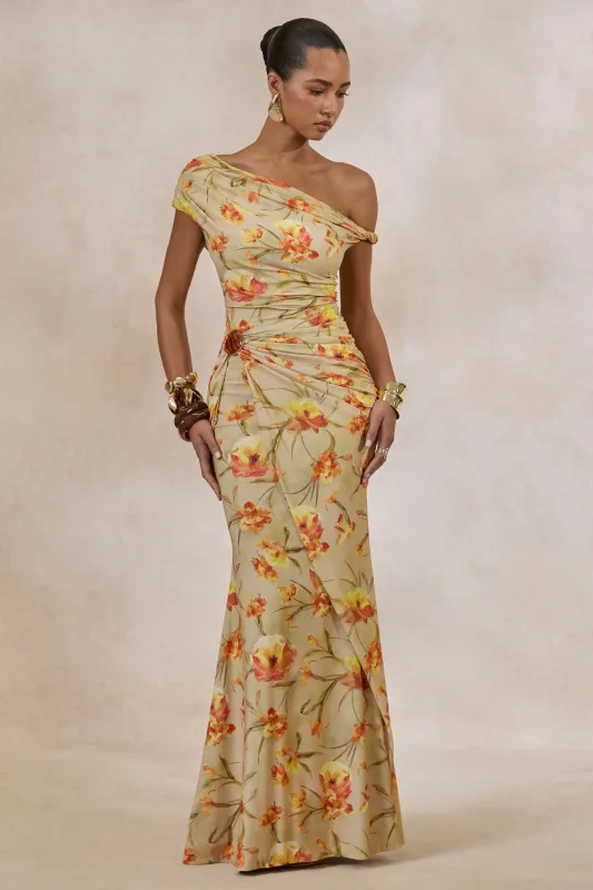 Asiya | Orange Floral Asymmetric-Neck Maxi Dress With Gathered Detailing made by Club L London