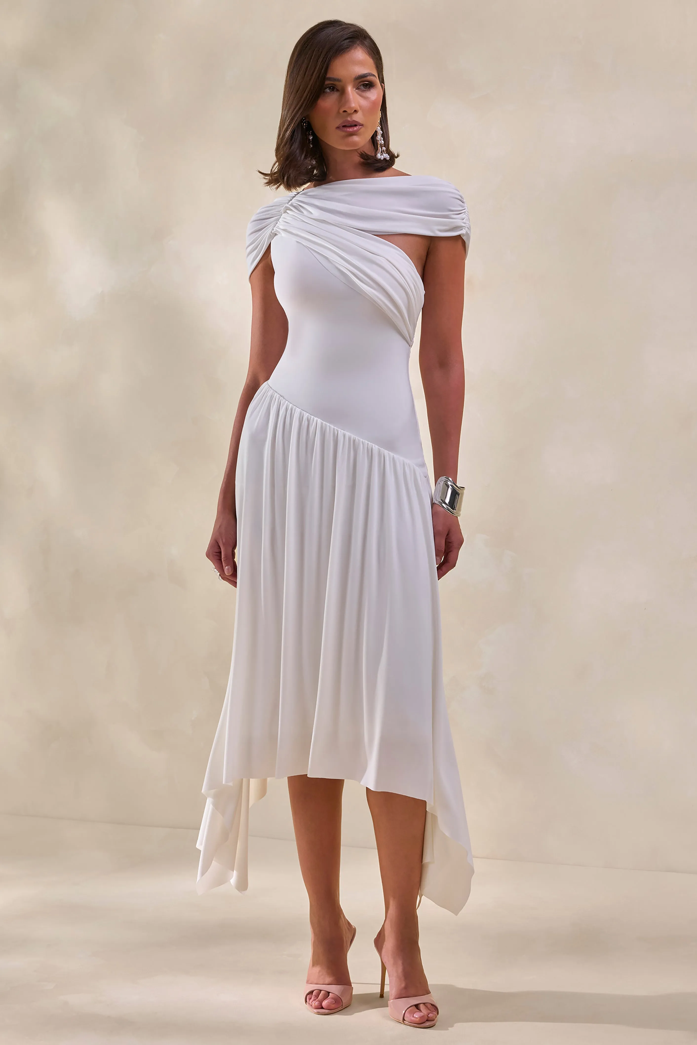 Lorina | White High-Neck Midi Dress With Asymmetric-Waist sold by Club L London product image thumbnail 4