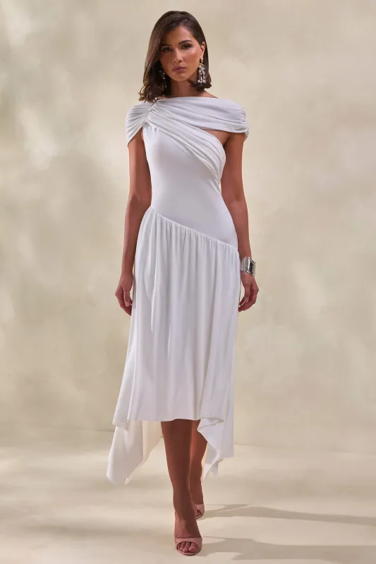 Lorina | White High-Neck Midi Dress With Asymmetric-Waist made by Club L London