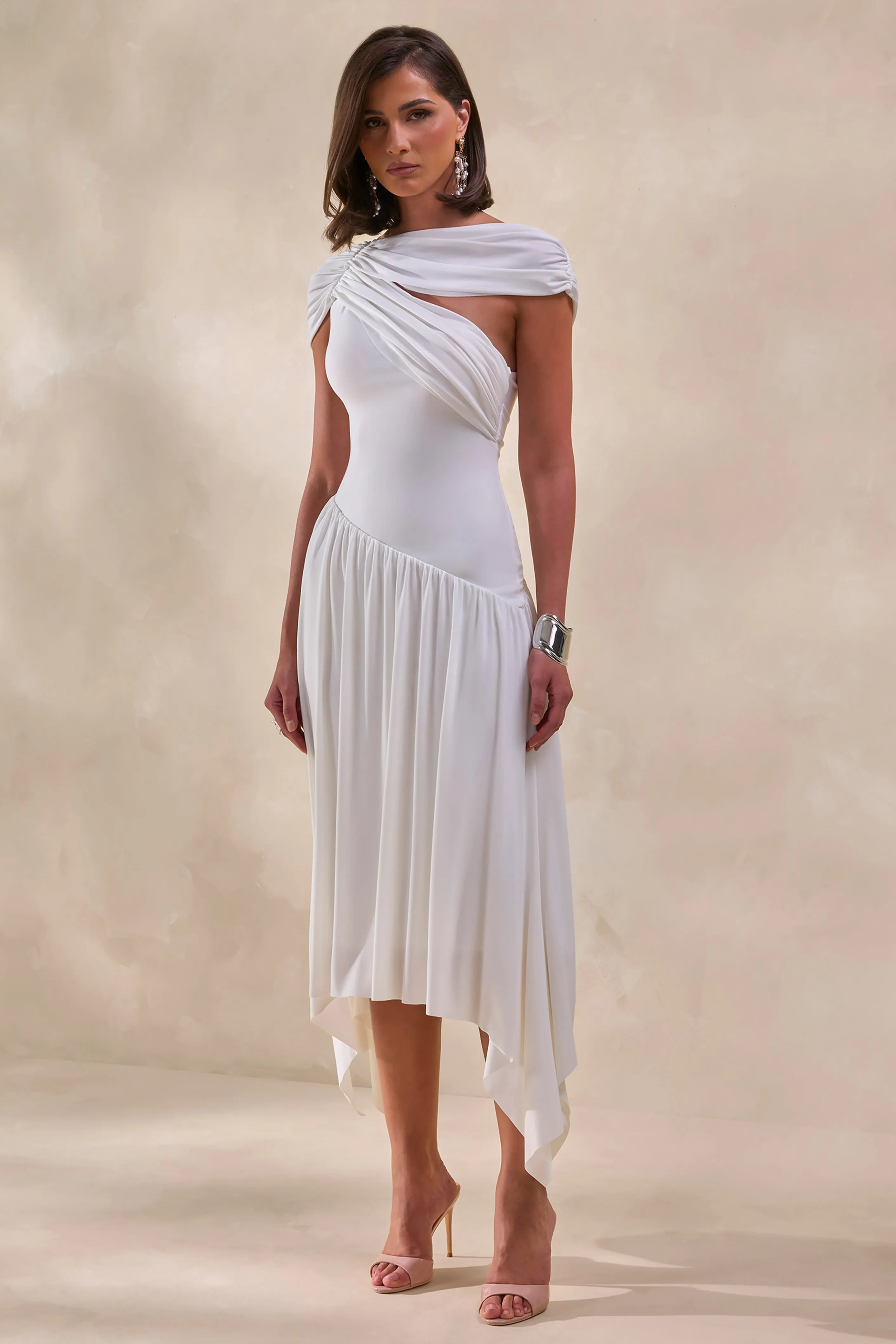 Lorina | White High-Neck Midi Dress With Asymmetric-Waist sold by Club L London product image thumbnail 5