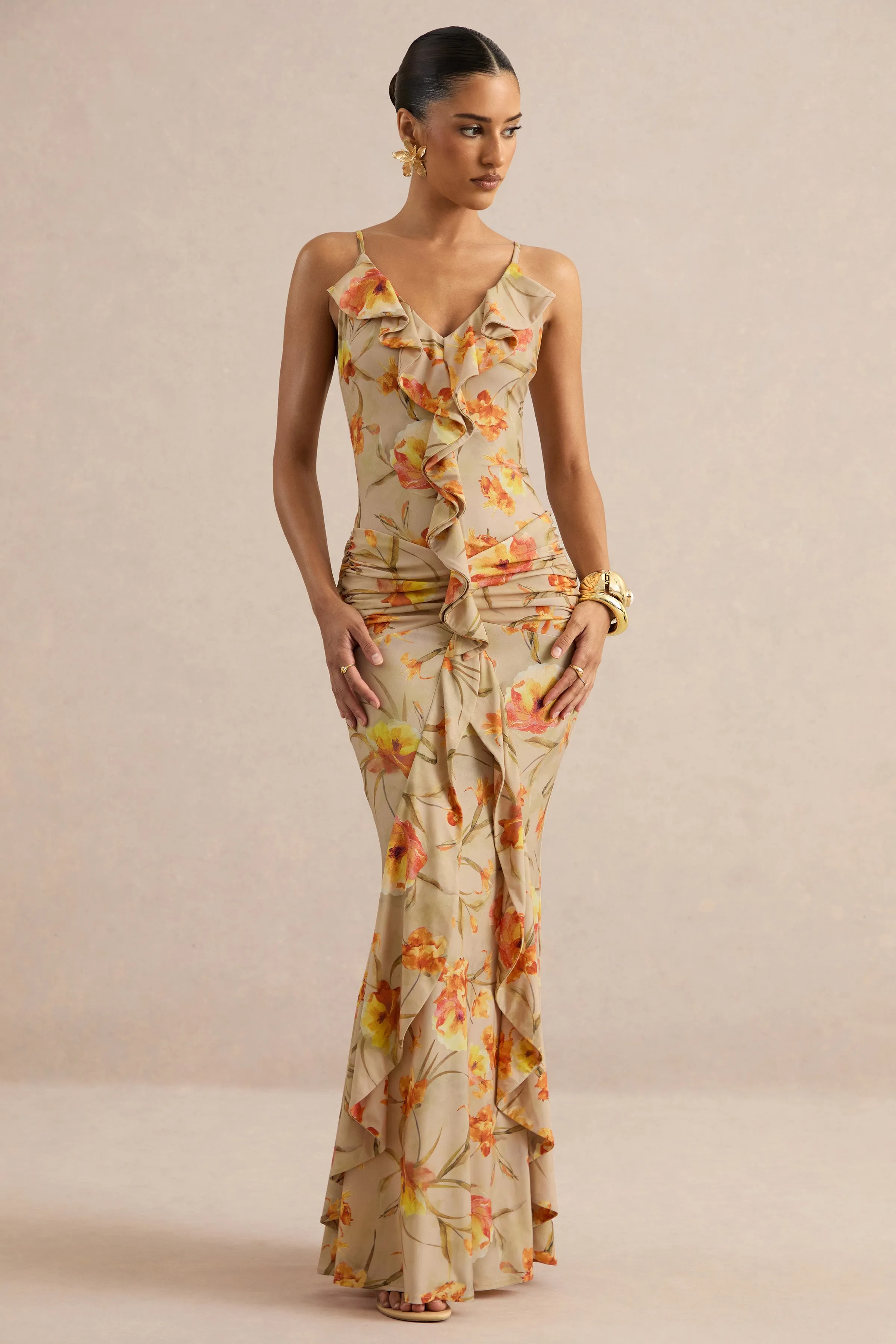 Amali | Orange Floral V-Neck Maxi Dress With Ruffled Detailing sold by Club L London product image thumbnail 3