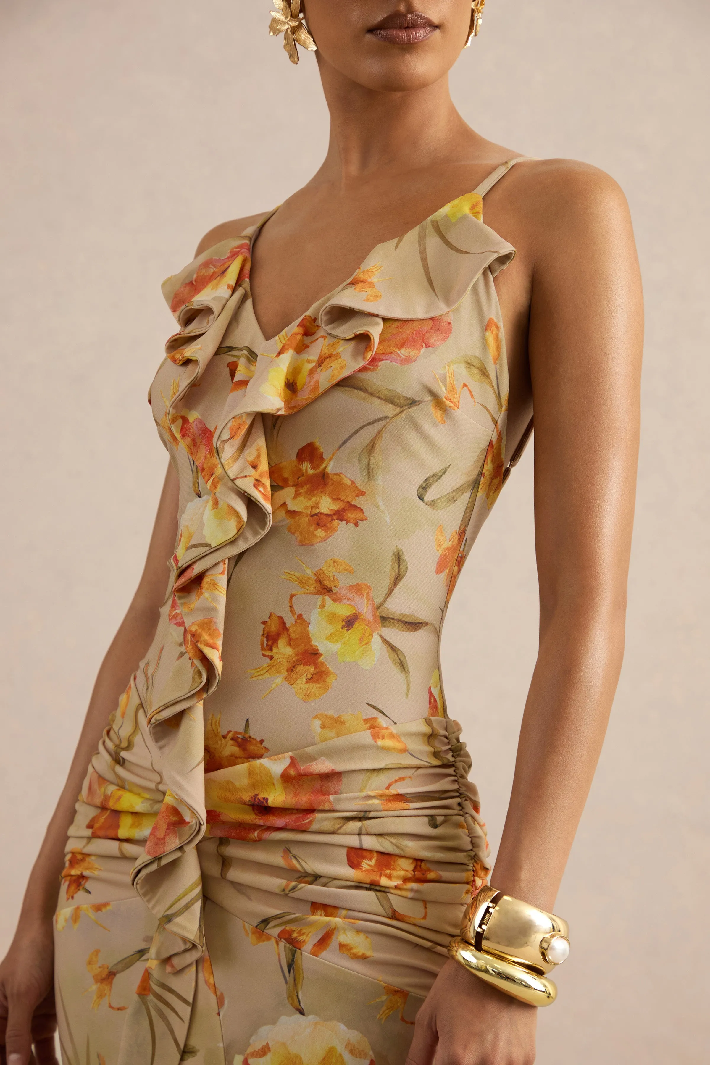 Amali | Orange Floral V-Neck Maxi Dress With Ruffled Detailing sold by Club L London product image thumbnail 4