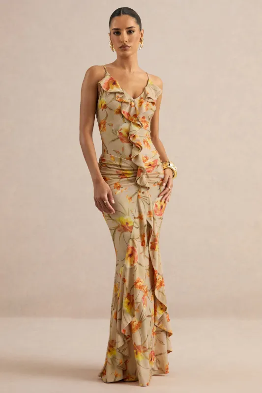 Amali | Orange Floral V-Neck Maxi Dress With Ruffled Detailing made by Club L London