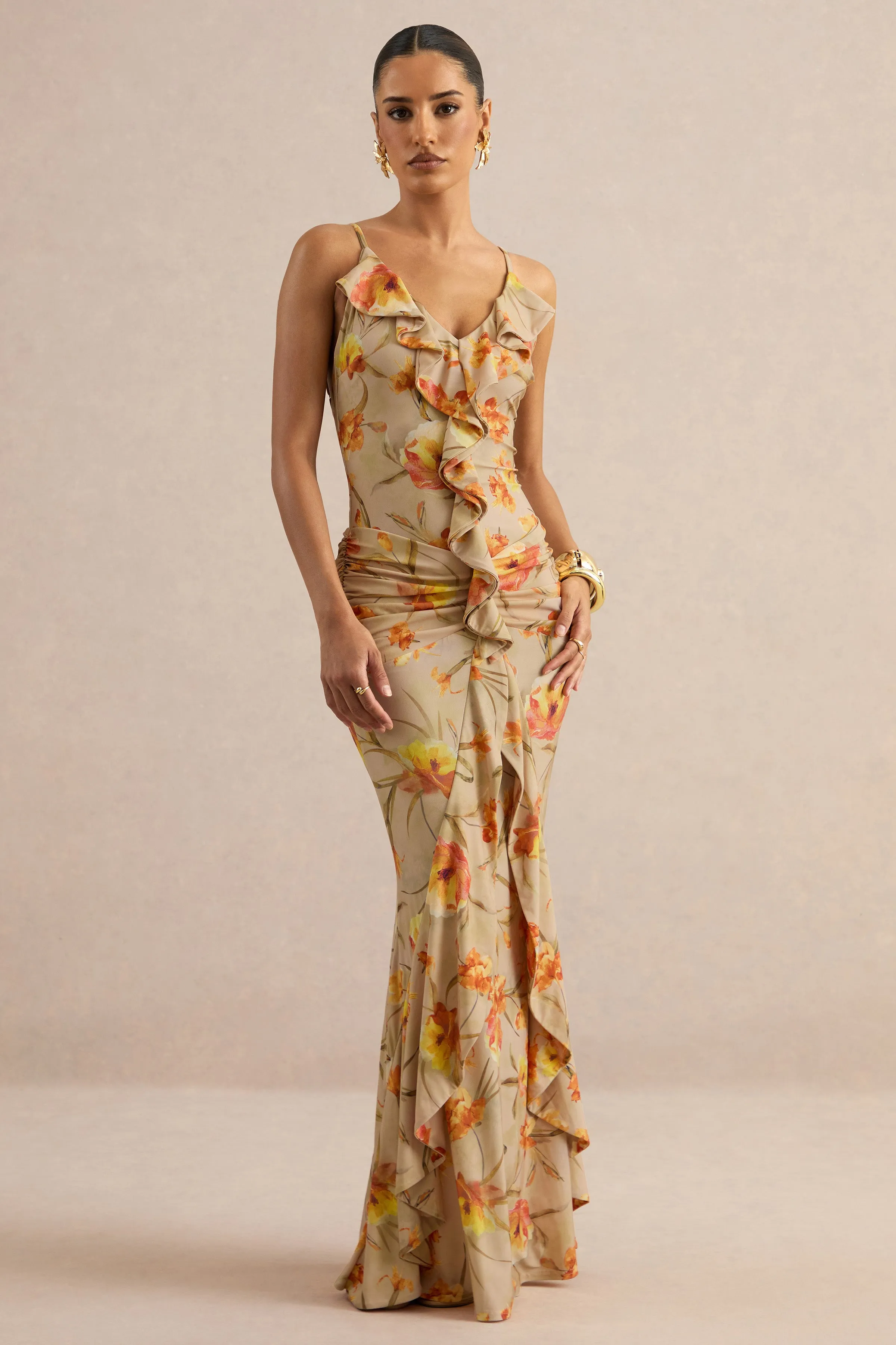 Amali | Orange Floral V-Neck Maxi Dress With Ruffled Detailing sold by Club L London
