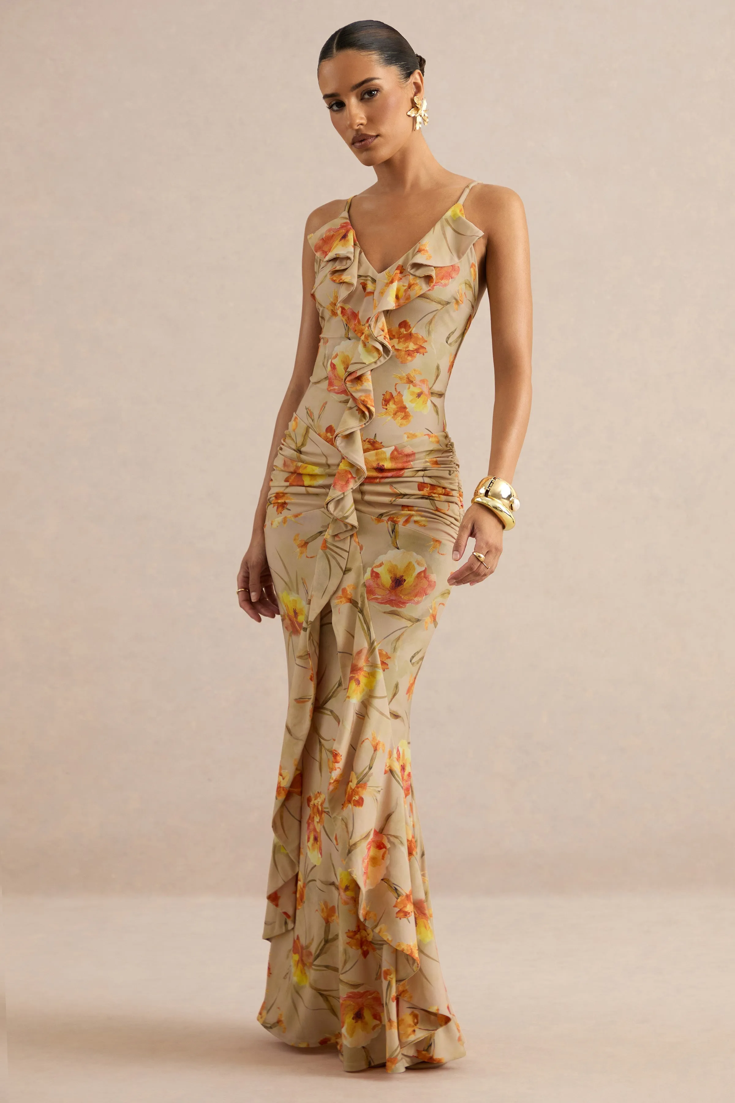 Amali | Orange Floral V-Neck Maxi Dress With Ruffled Detailing sold by Club L London product image thumbnail 5