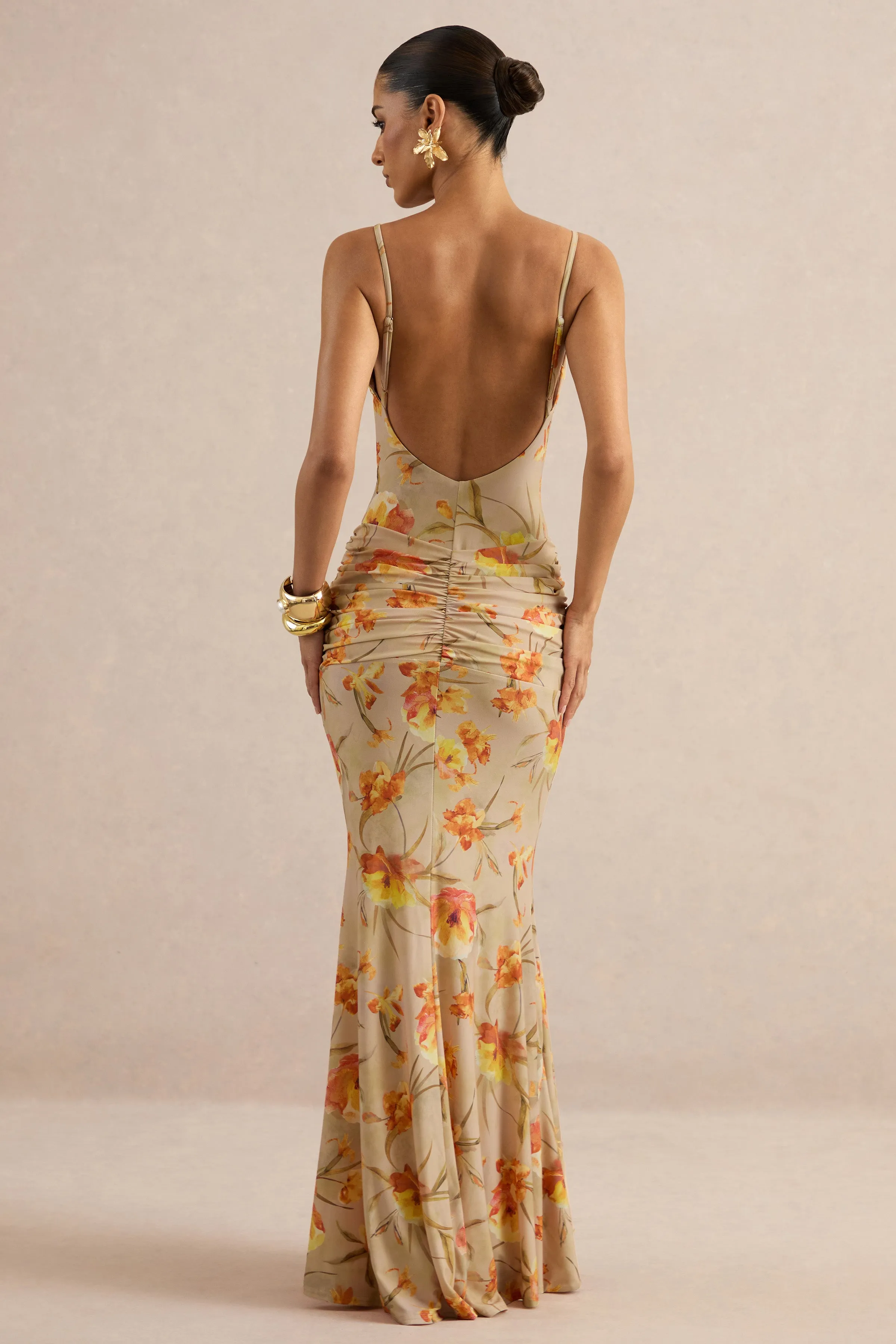 Amali | Orange Floral V-Neck Maxi Dress With Ruffled Detailing sold by Club L London product image thumbnail 2