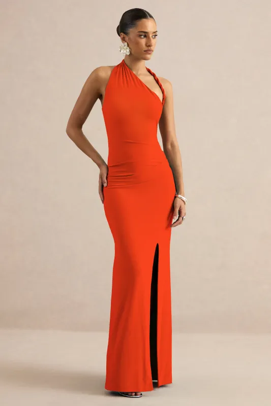 Elirae | Orange Asymmetric-Neck Maxi Dress With Twist Strap And Front High Split made by Club L London