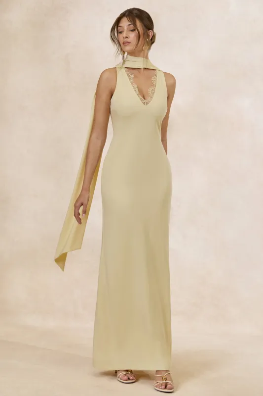 True Icon | Lemon Satin High-Neck Maxi Slip Dress With Sash made by Club L London