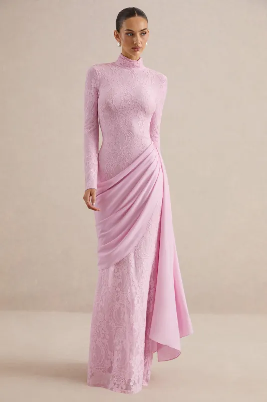 Enestra | Pink Lace High Neck Long Sleeve Maxi Dress With Draped Detailing And Sash made by Club L London