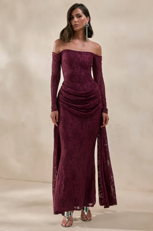 Parisse | Burgundy Lace Bardot Ruched Long Sleeve Maxi Dress With Draped Detailing made by Club L London