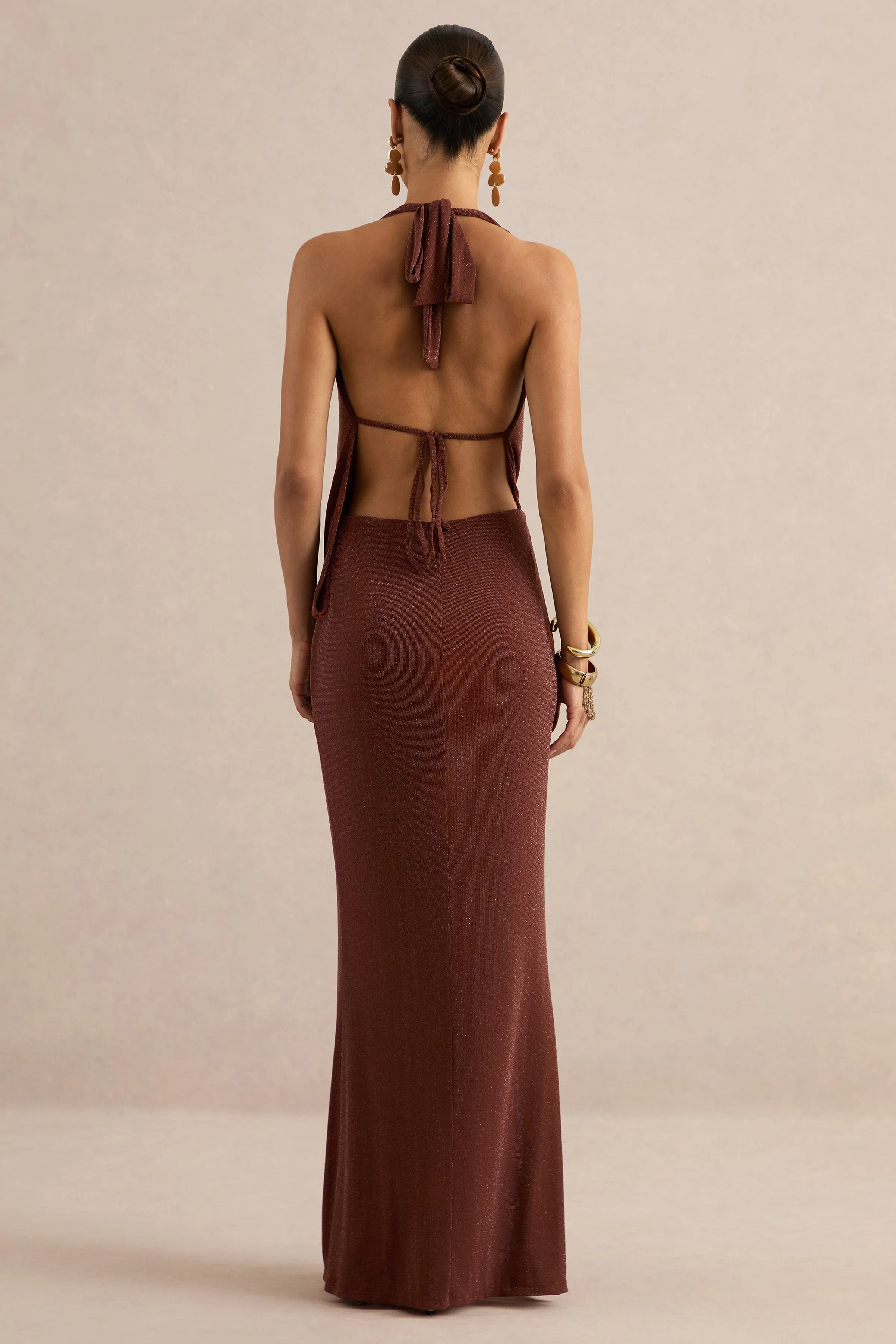 Velia | Brown Sheer Extreme Plunge-Neck Maxi Dress With Front High Split sold by Club L London product image thumbnail 2