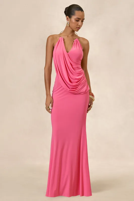 Dinara | Coral Halter-Neck Maxi Dress With Draped Detailing And Gold Detail made by Club L London