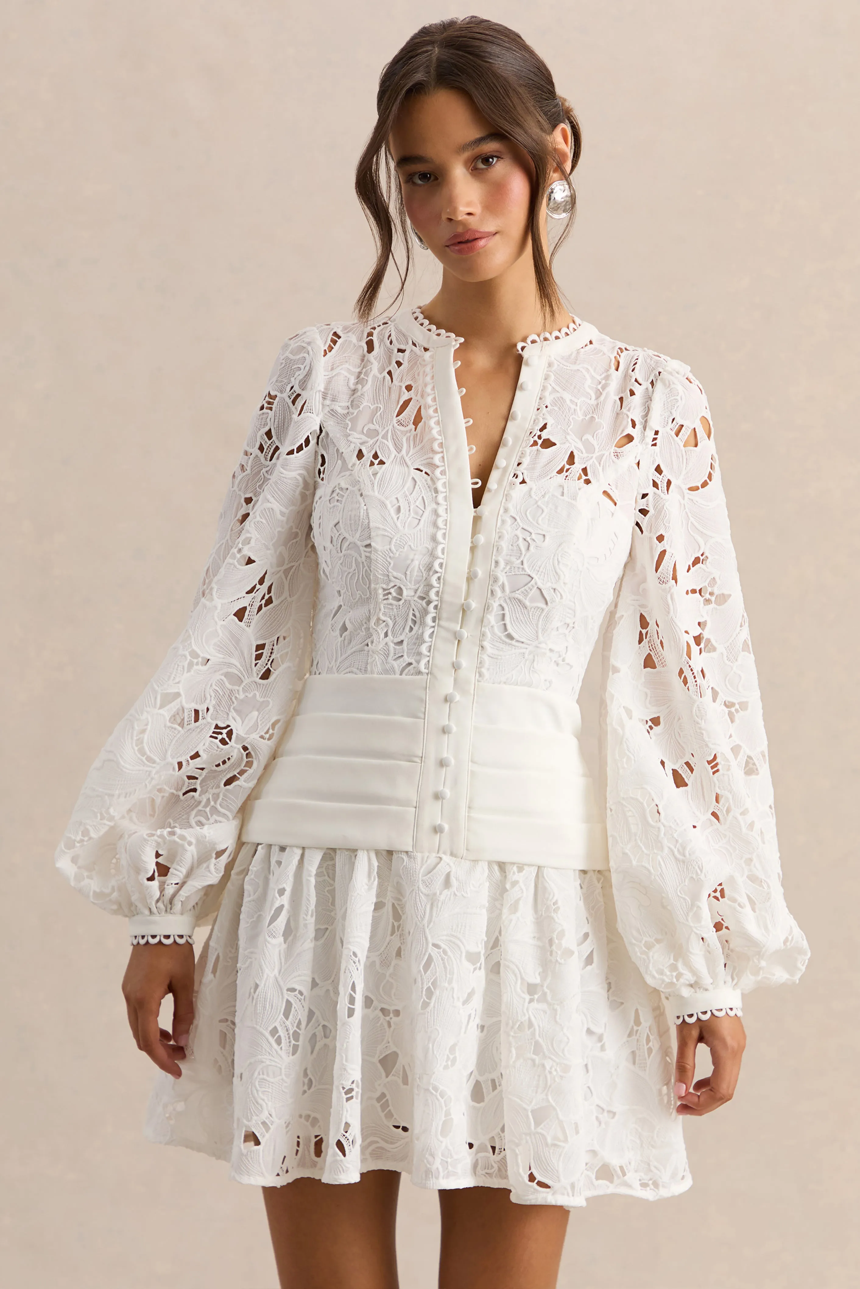 Helena | White V-Neck Mini Dress With Puff-Sleeves and Pleated Skirt sold by Club L London product image thumbnail 5