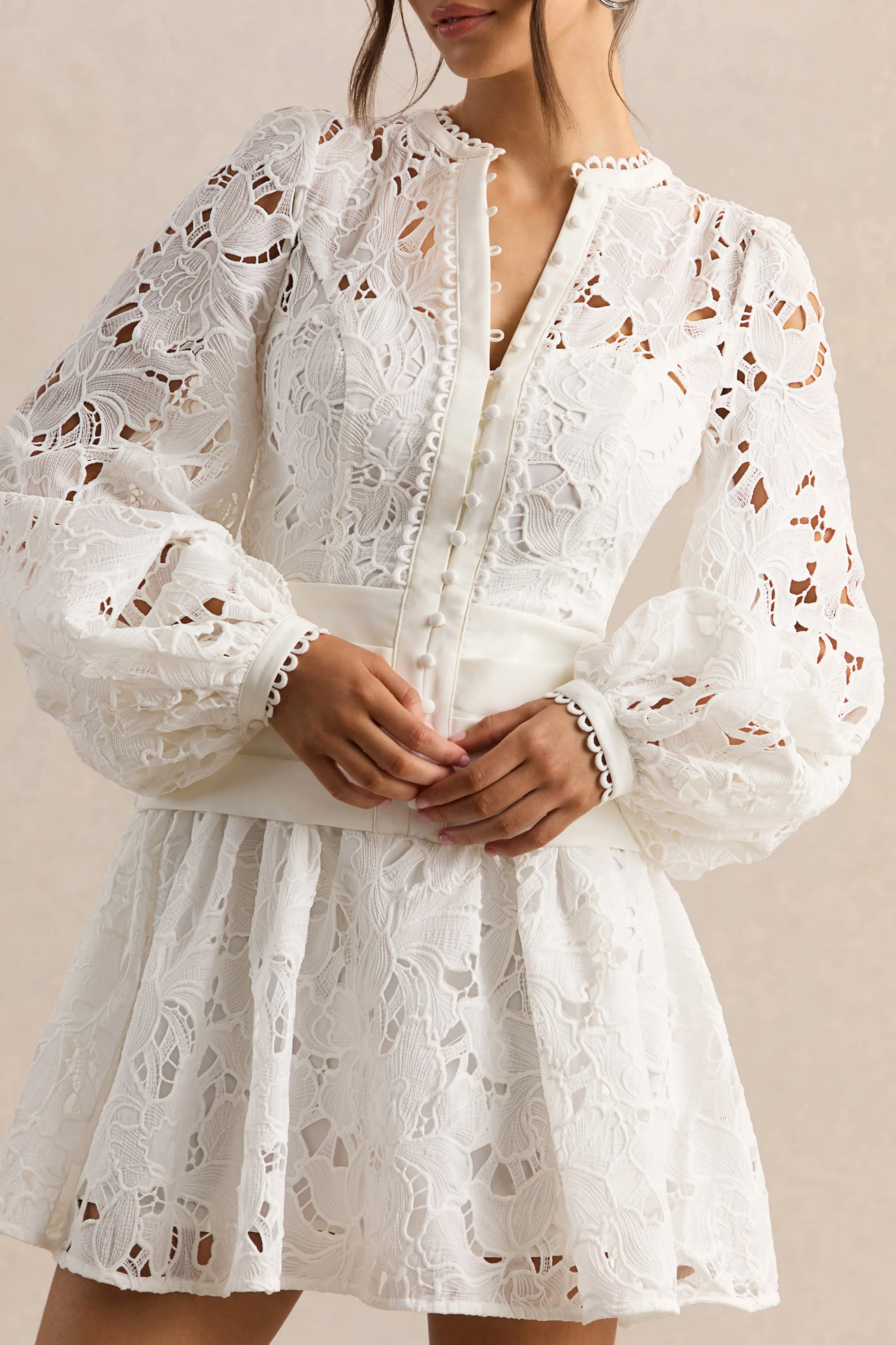Helena | White V-Neck Mini Dress With Puff-Sleeves and Pleated Skirt sold by Club L London product image thumbnail 3