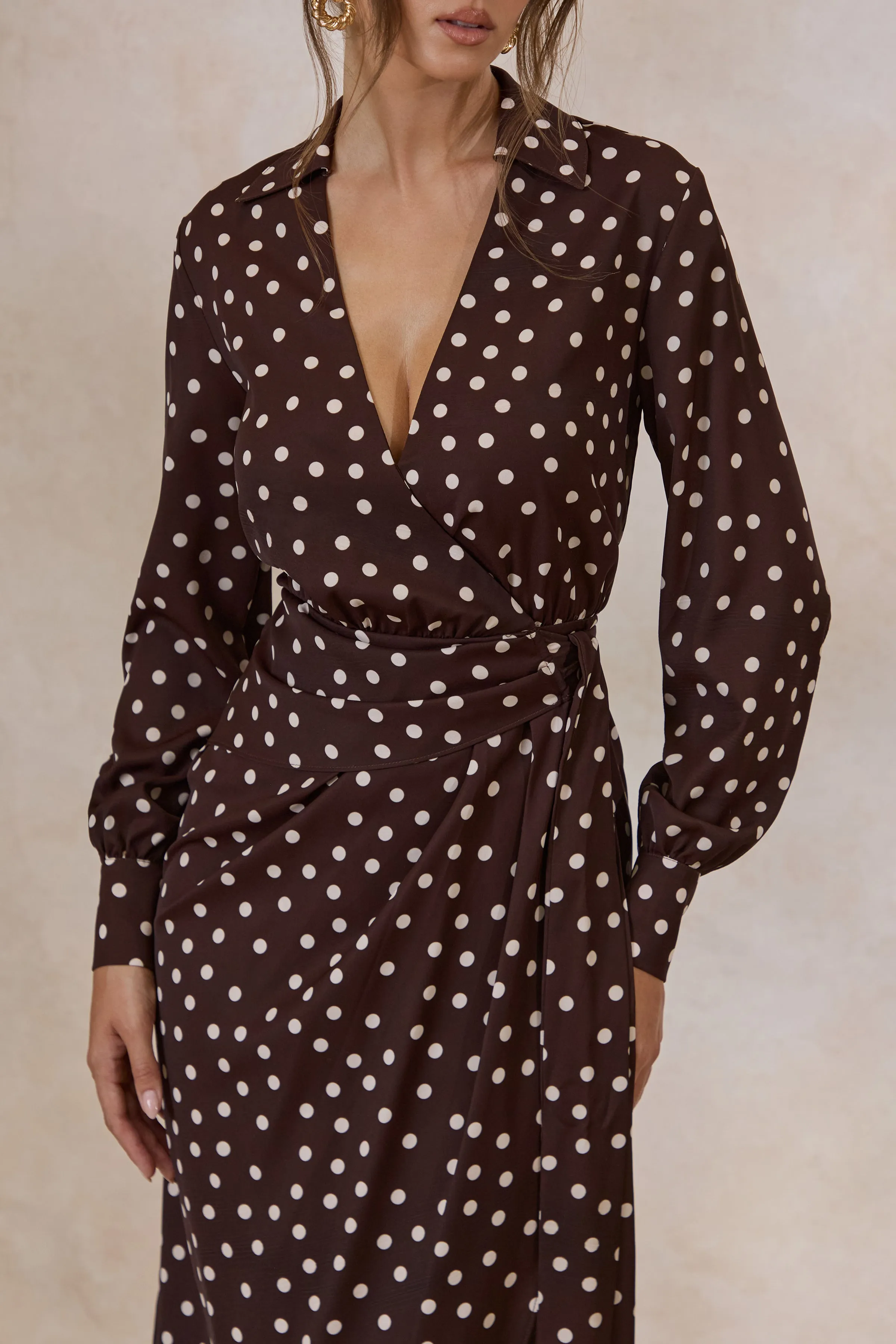 Amarosia | Brown Polka-Dot Wrap Shirt Midi-Dress sold by Club L London product image thumbnail 3