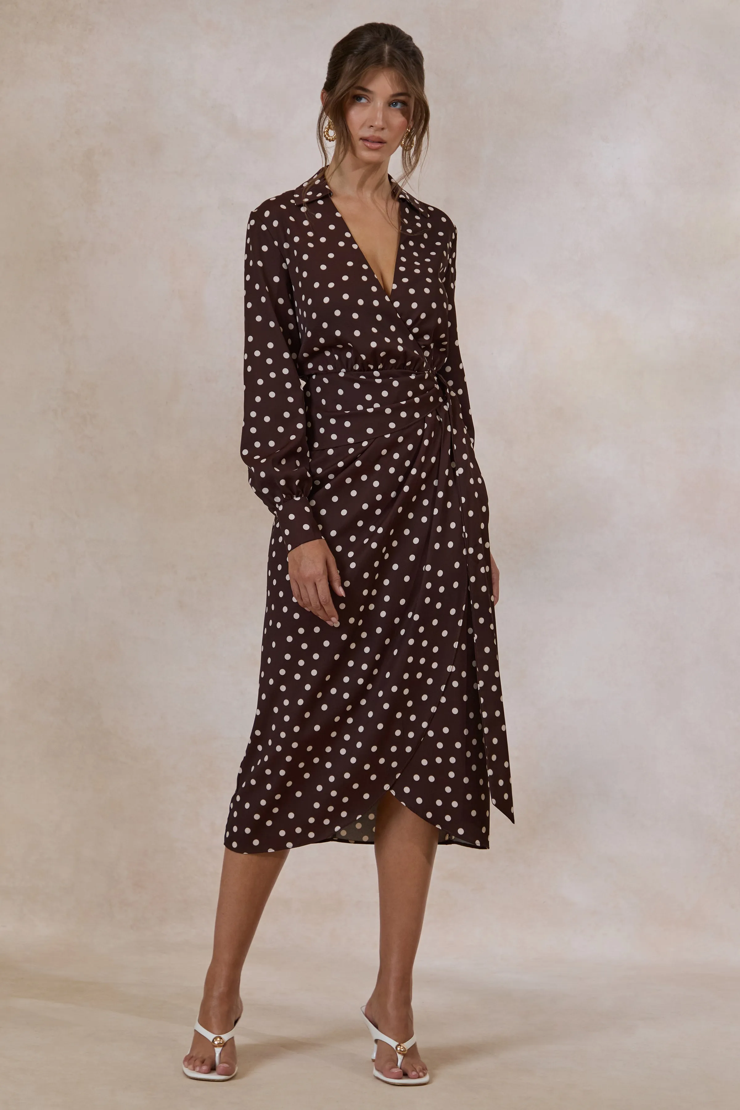 Amarosia | Brown Polka-Dot Wrap Shirt Midi-Dress sold by Club L London product image thumbnail 4