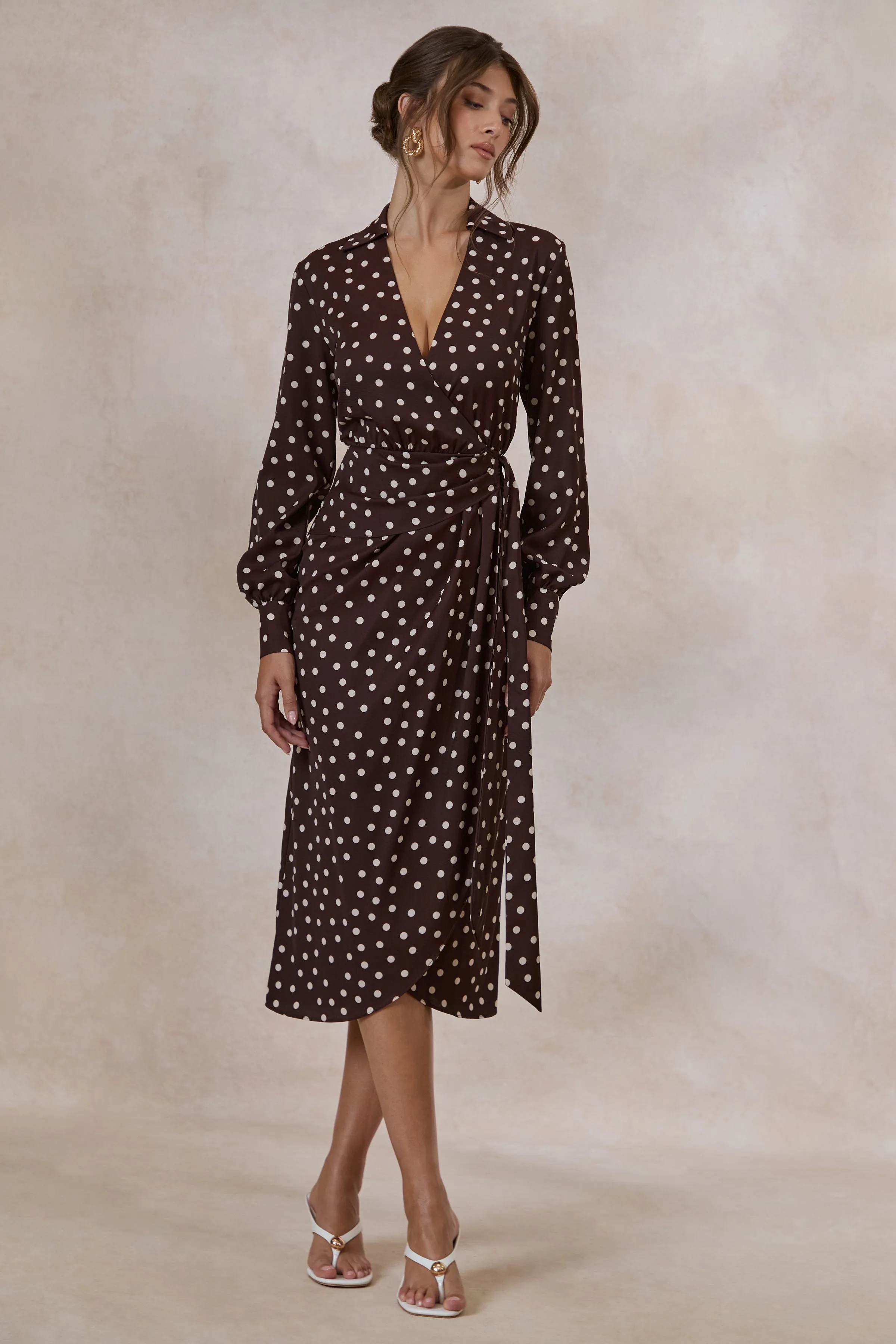 Amarosia | Brown Polka-Dot Wrap Shirt Midi-Dress sold by Club L London