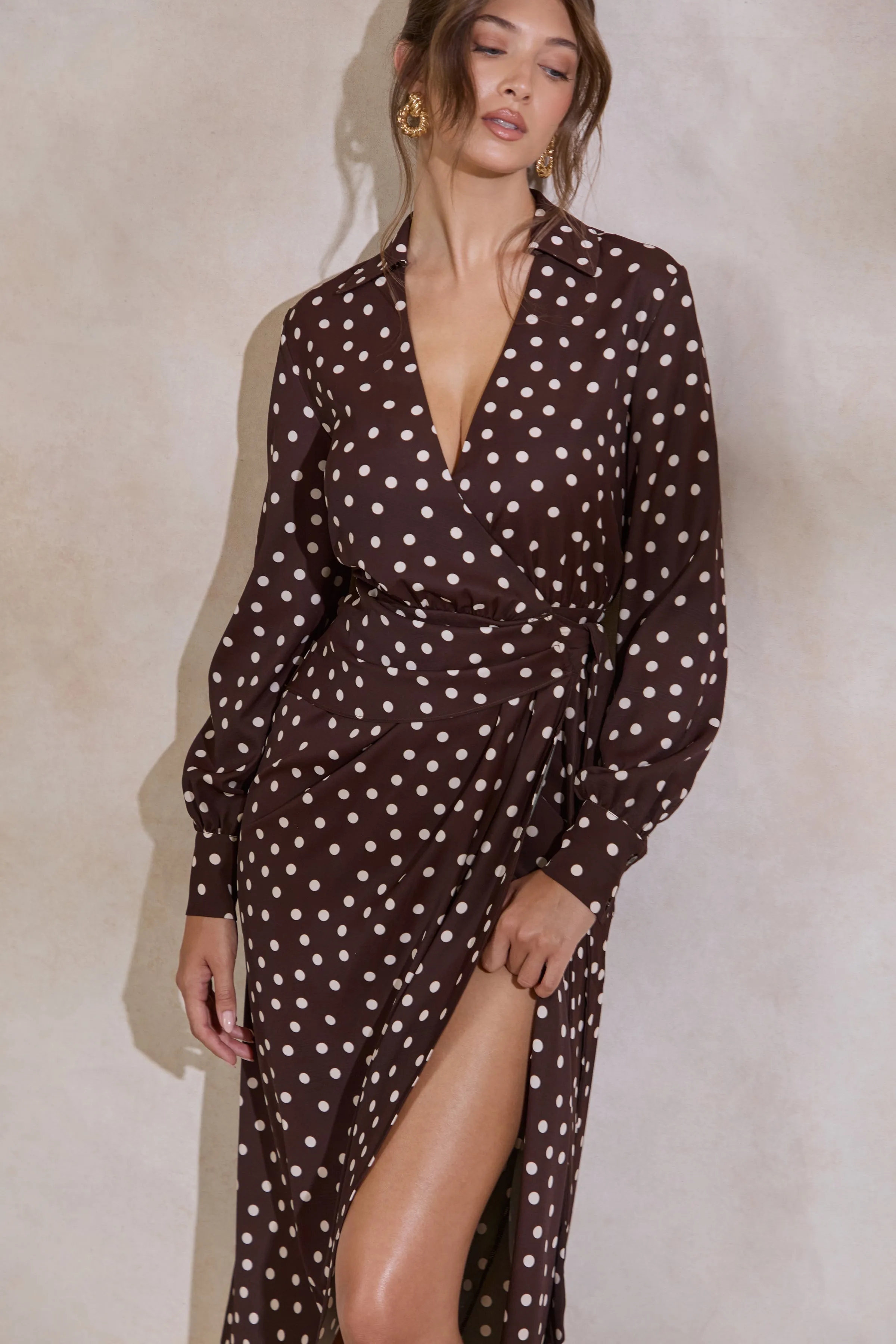 Amarosia | Brown Polka-Dot Wrap Shirt Midi-Dress sold by Club L London product image thumbnail 5