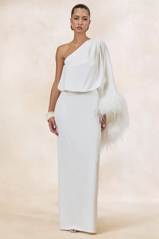 Felicity | White Satin Asymmetric-Neck Maxi Dress With Feather Detailing made by Club L London