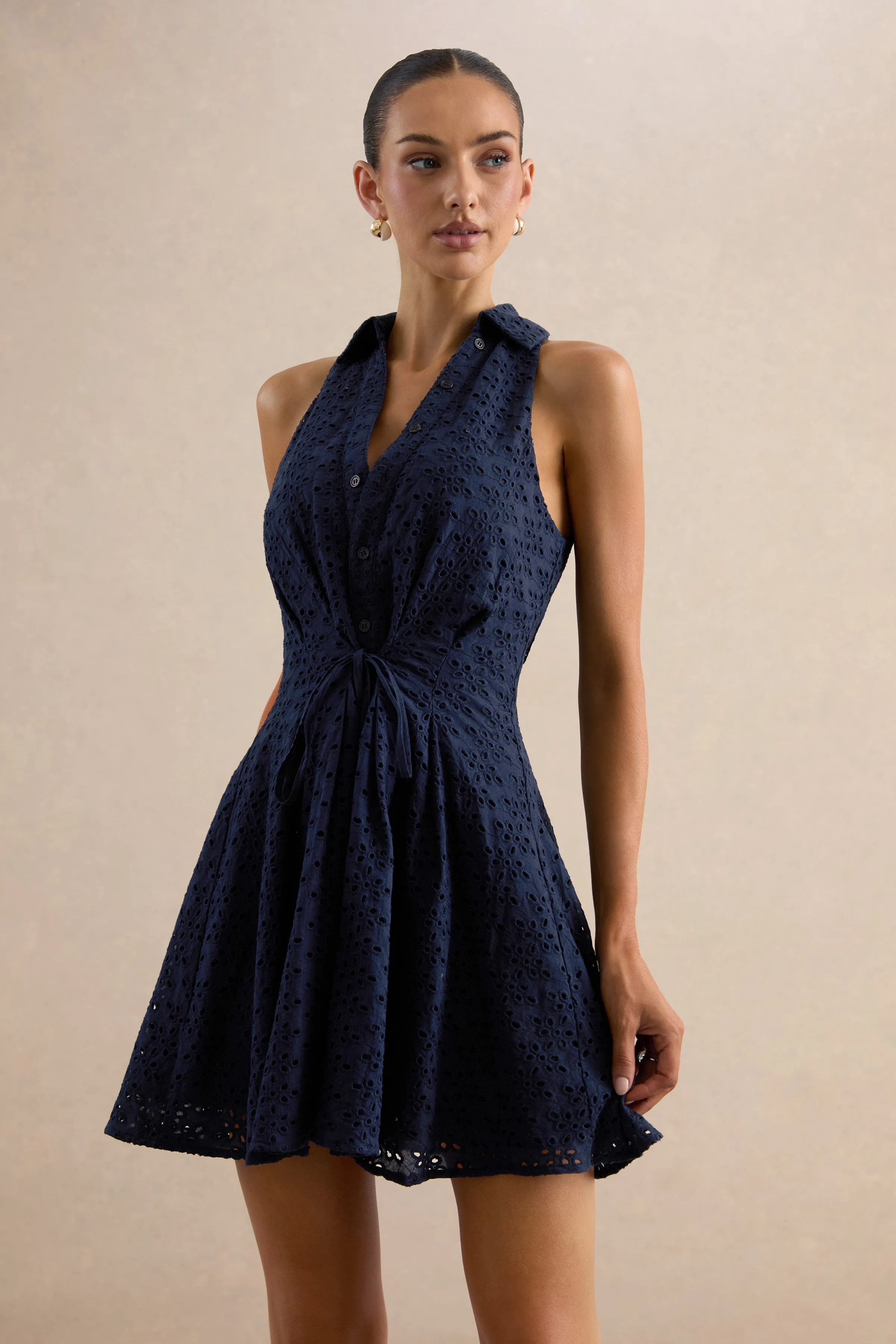 Zyraline | Navy Plunge-Neck Mini Dress With Bow-Detail sold by Club L London product image thumbnail 3