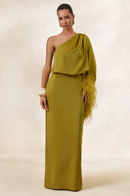 Felicity | Olive Satin Asymmetric-Neck Maxi Dress With Feather Detailing made by Club L London