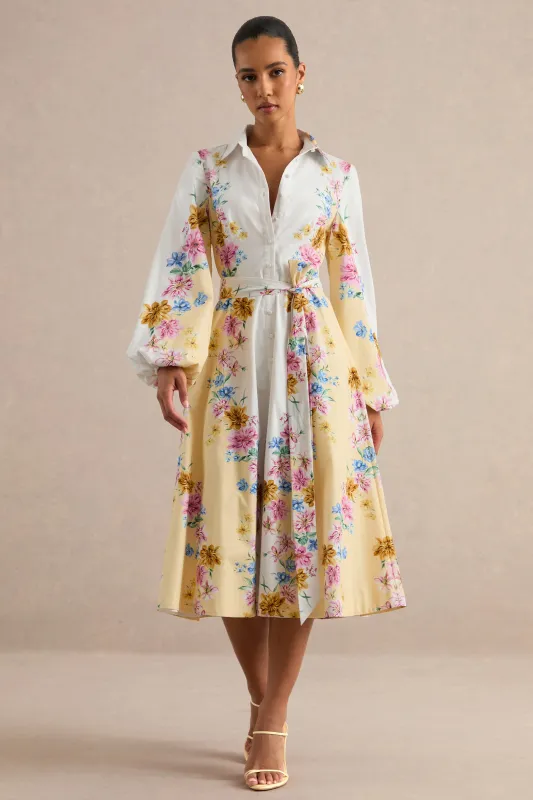 Moira | Lemon Floral Midi Dress With Bell Sleeves made by Club L London