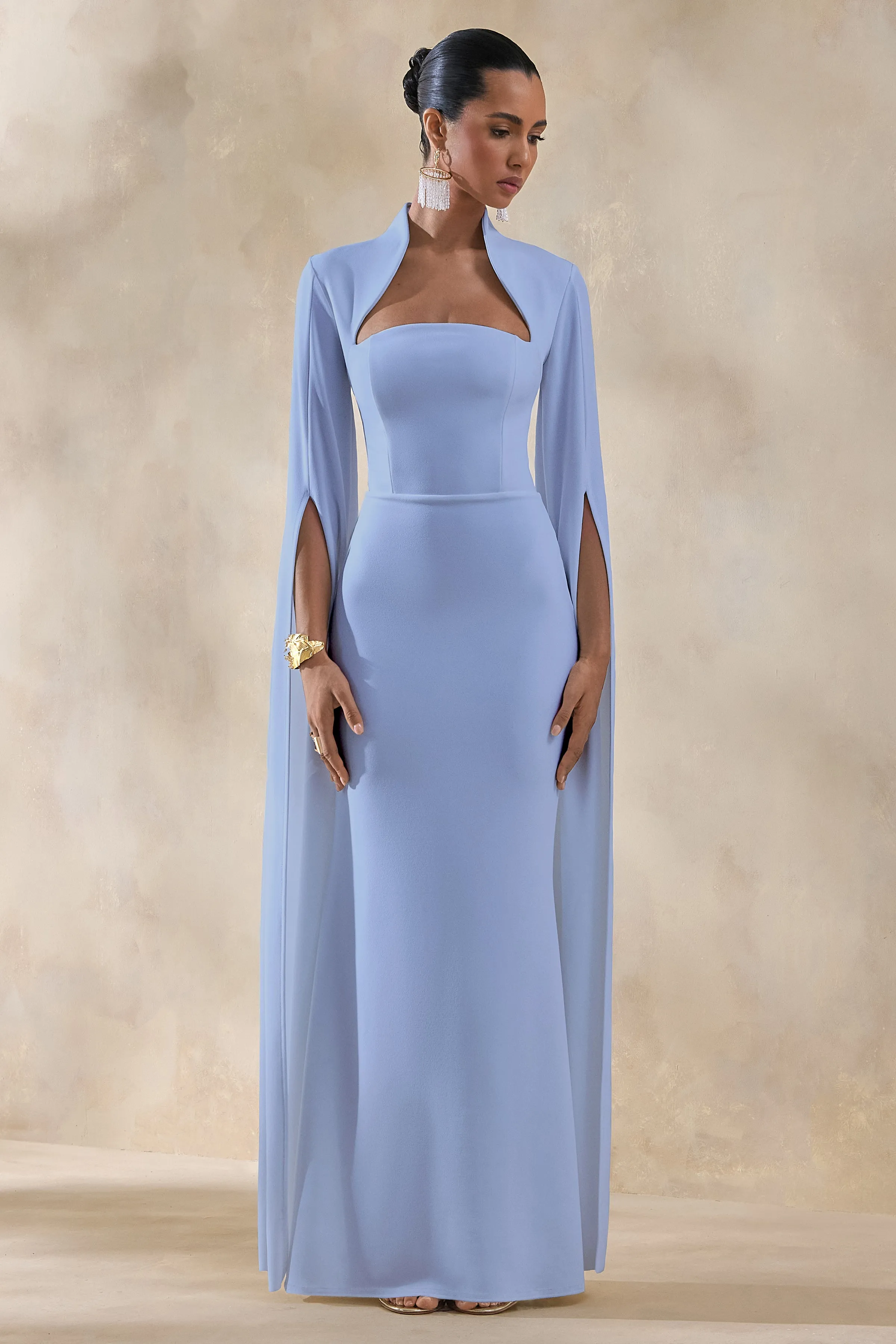 Esme | Light Blue Square-Neck Maxi Dress With Cape Sleeves sold by Club L London product image thumbnail 3