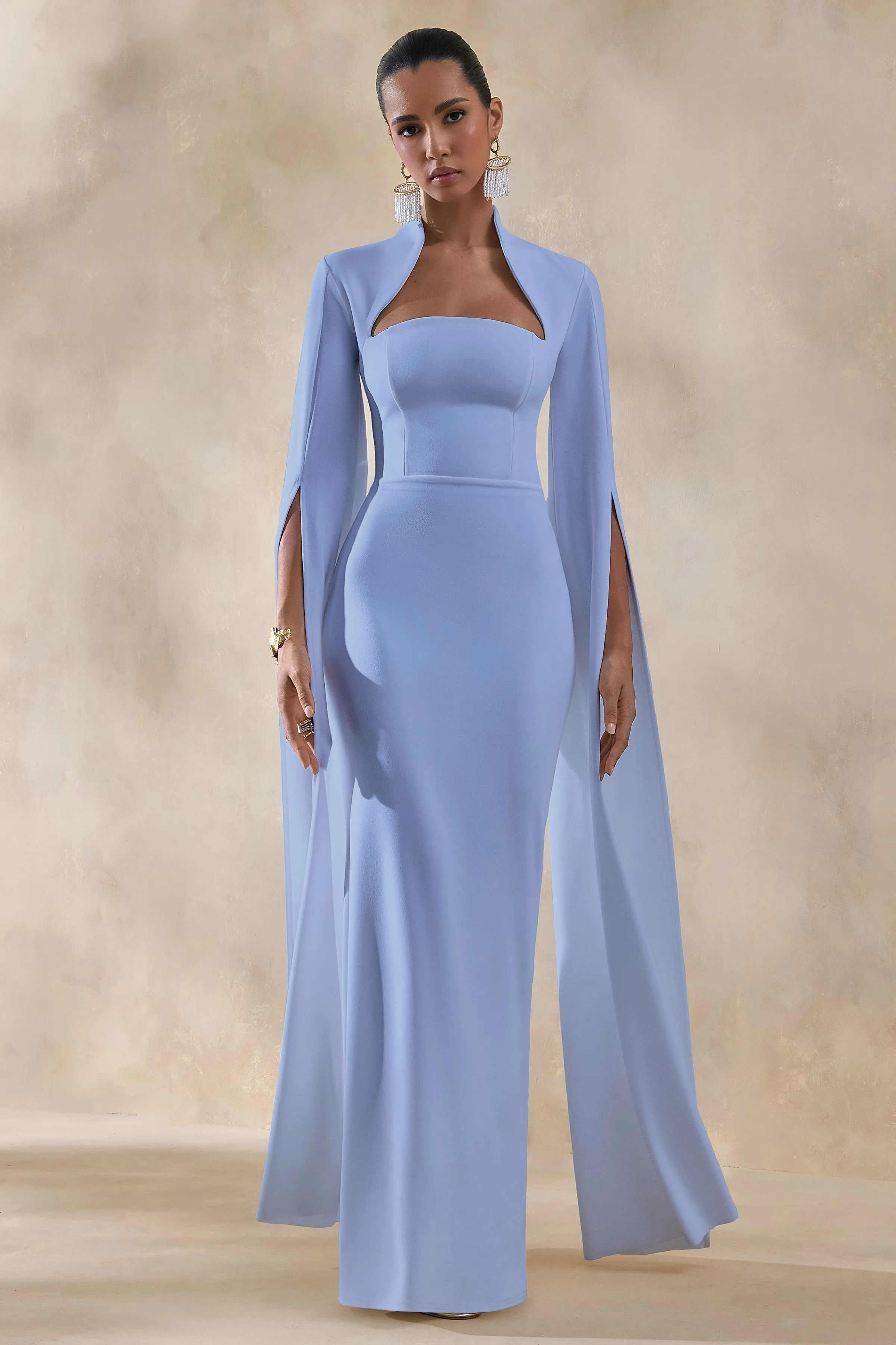Esme | Light Blue Square-Neck Maxi Dress With Cape Sleeves sold by Club L London