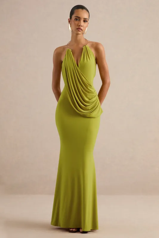 Dinara | Olive Halter-Neck Maxi Dress With Draped Detailing And Gold Detail made by Club L London