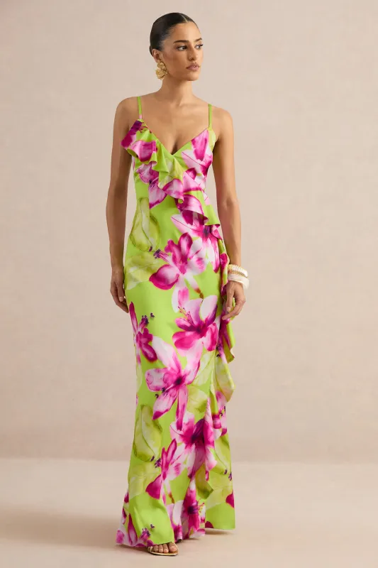 Marcelina | Lime And Pink Floral Print Satin V-Neck Maxi Dress made by Club L London