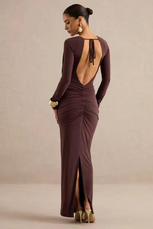 Lucina | Dark Brown V-Neck Maxi Dress With Ruched Detailing made by Club L London