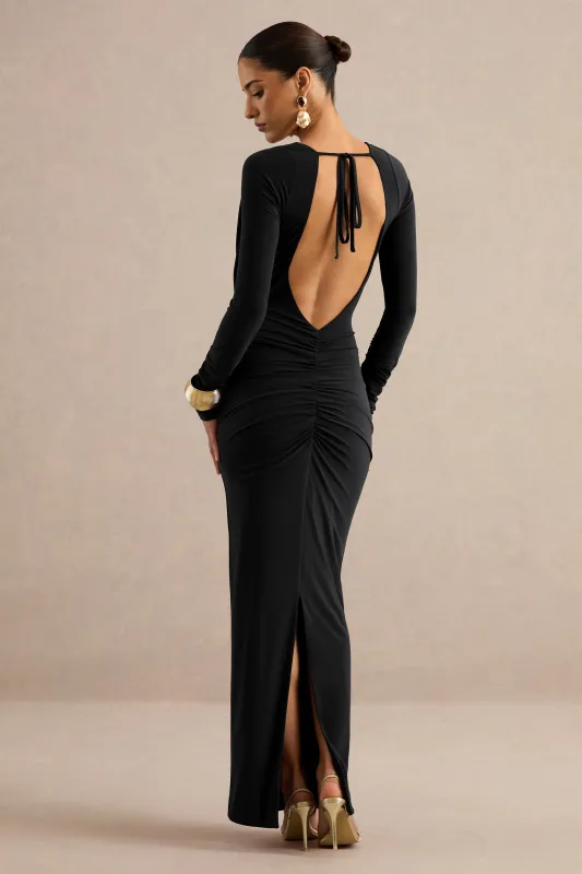 Lucina | Black V-Neck Maxi Dress With Ruched Detailing made by Club L London