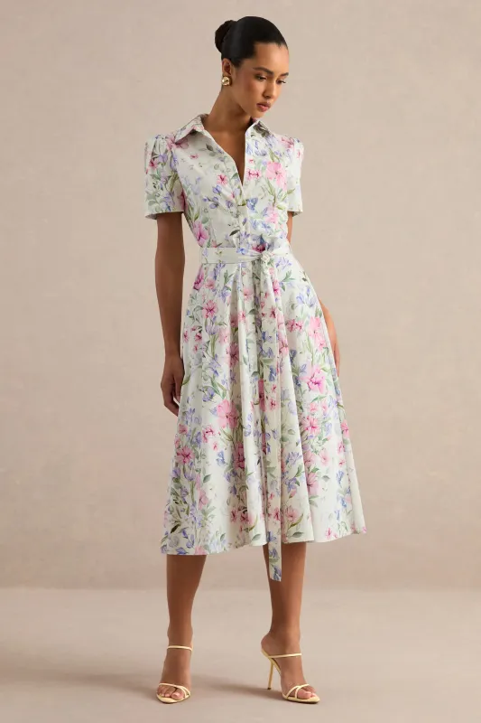 Viviette | Cream Floral Print Collared-Neck Midi Dress made by Club L London