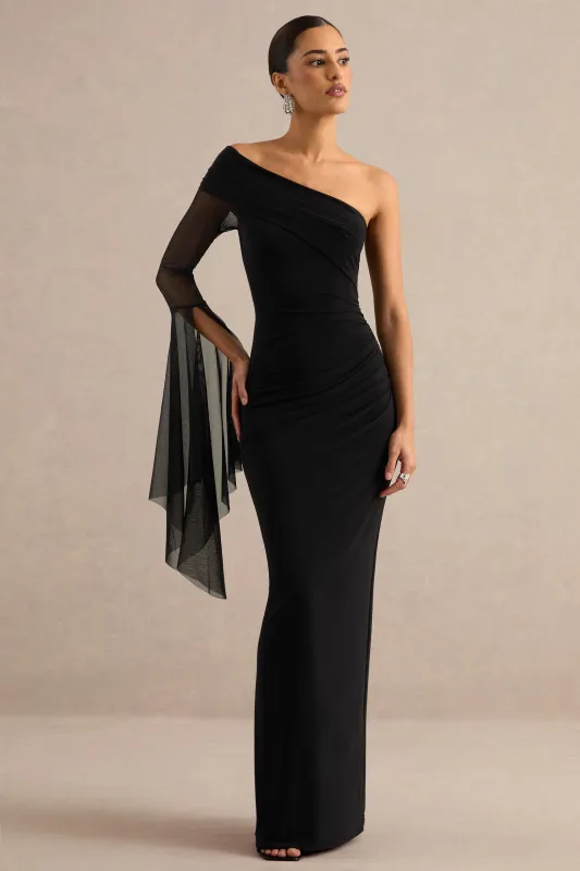 Evony | Black Asymmetric-Neck Maxi Dress With Sheer Cape Sleeve made by Club L London