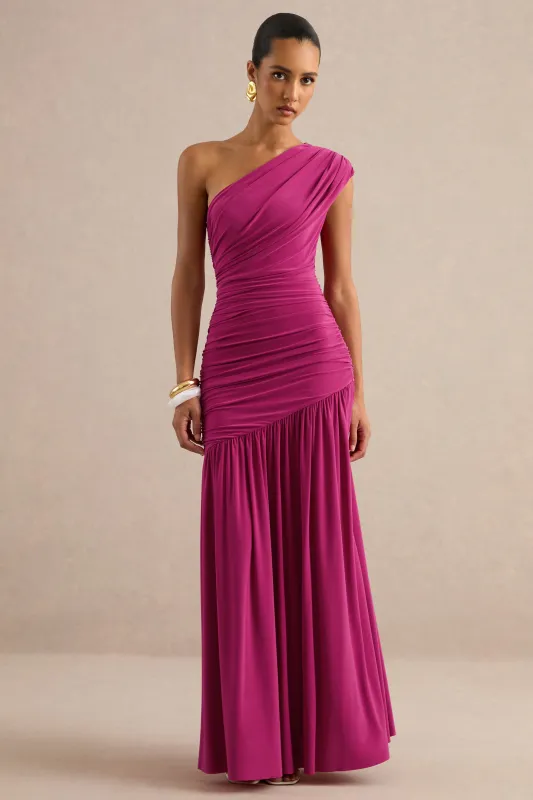 Alaya | Hot Pink Asymmetric-Neck Maxi Dress With Drop-Waist made by Club L London