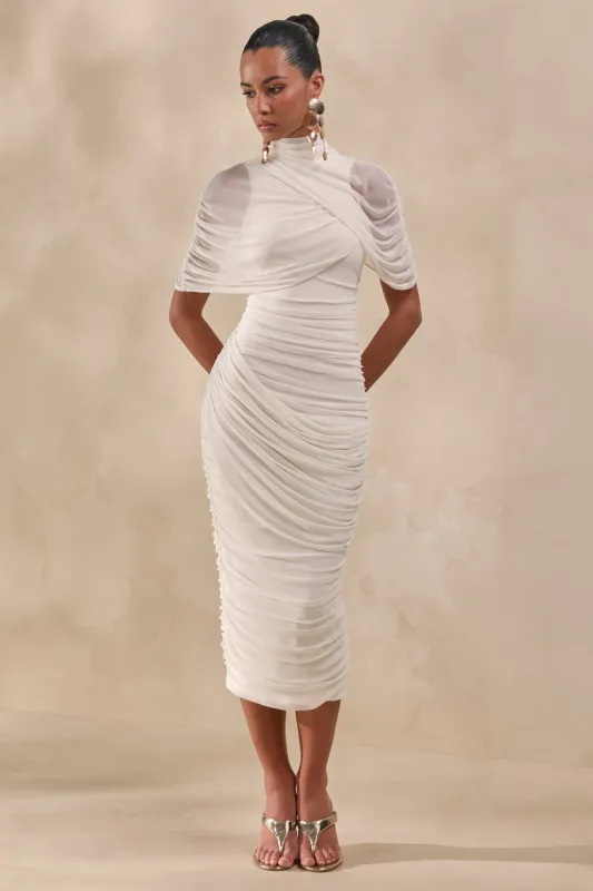 Fleurise | Cream Mesh High-Neck Midi Dress With Short Cape-Sleeves And Gathered-Detailing made by Club L London