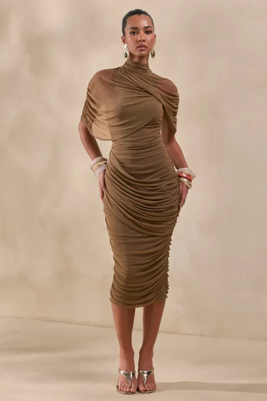 Fleurise | Olive Mesh High-Neck Midi Dress With Short Cape-Sleeves And Gathered-Detailing made by Club L London