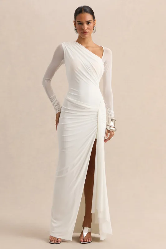 Rimena | White Asymmetric-Neck Maxi-Dress With Gathered Detailing And Mesh Long-Sleeves made by Club L London
