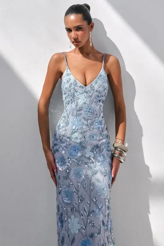 Gemini | Blue Embellished Strappy Maxi Dress made by Club L London