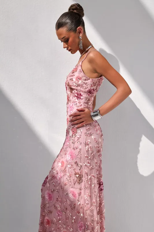 Gemini | Pink Embellished Strappy Maxi Dress made by Club L London