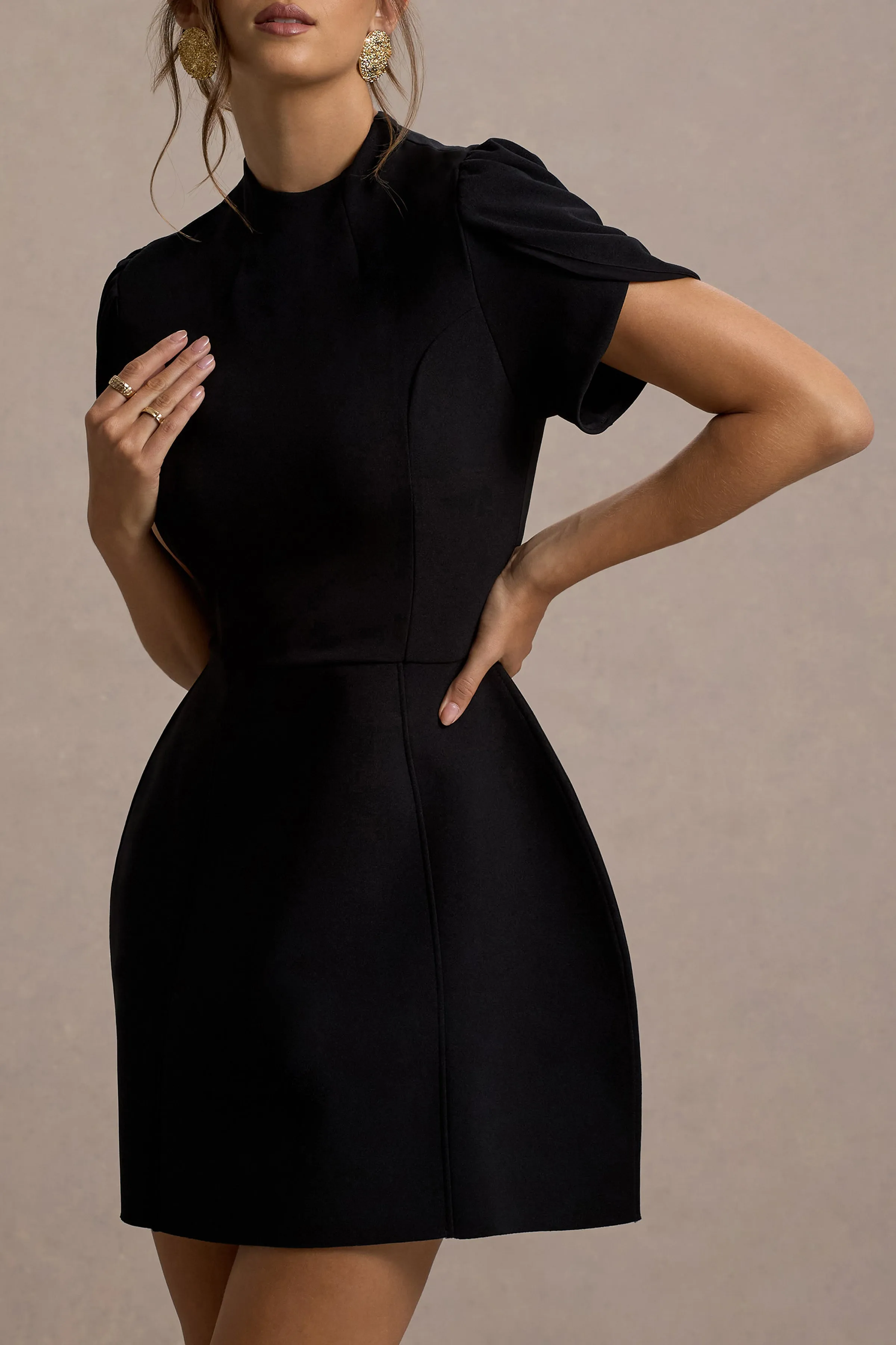 Carabella | Black High-Neck Short-Sleeve Mini Dress sold by Club L London product image thumbnail 4