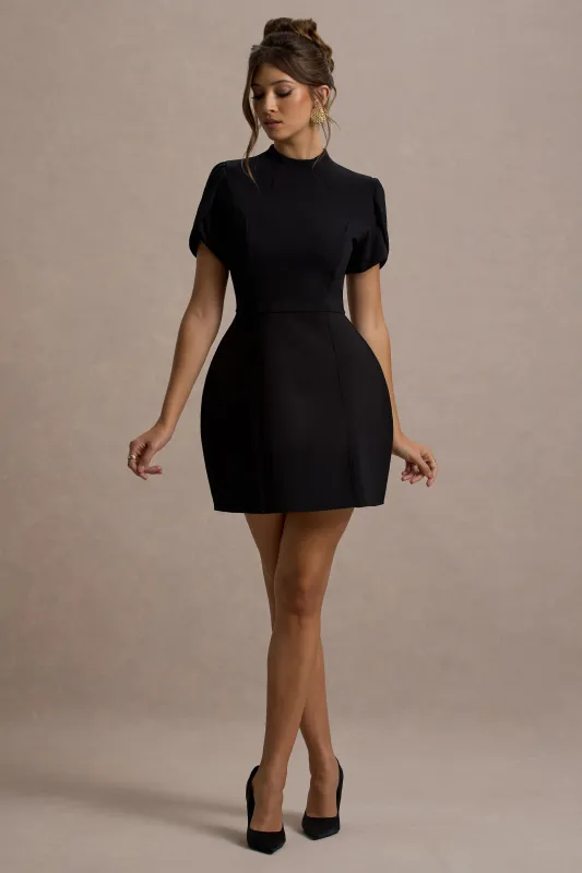 Carabella | Black High-Neck Short-Sleeve Mini Dress made by Club L London